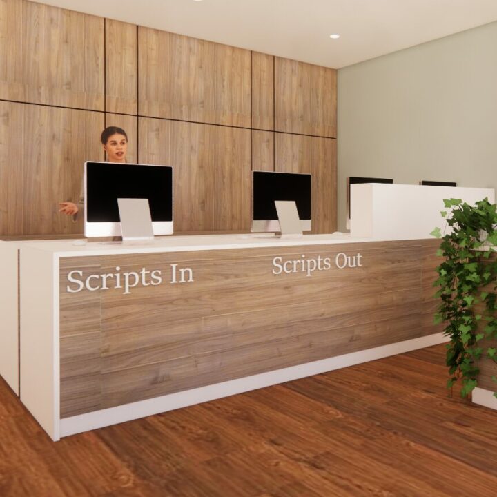 pharmacy reception counter interior design render with desk computers and reception attendant